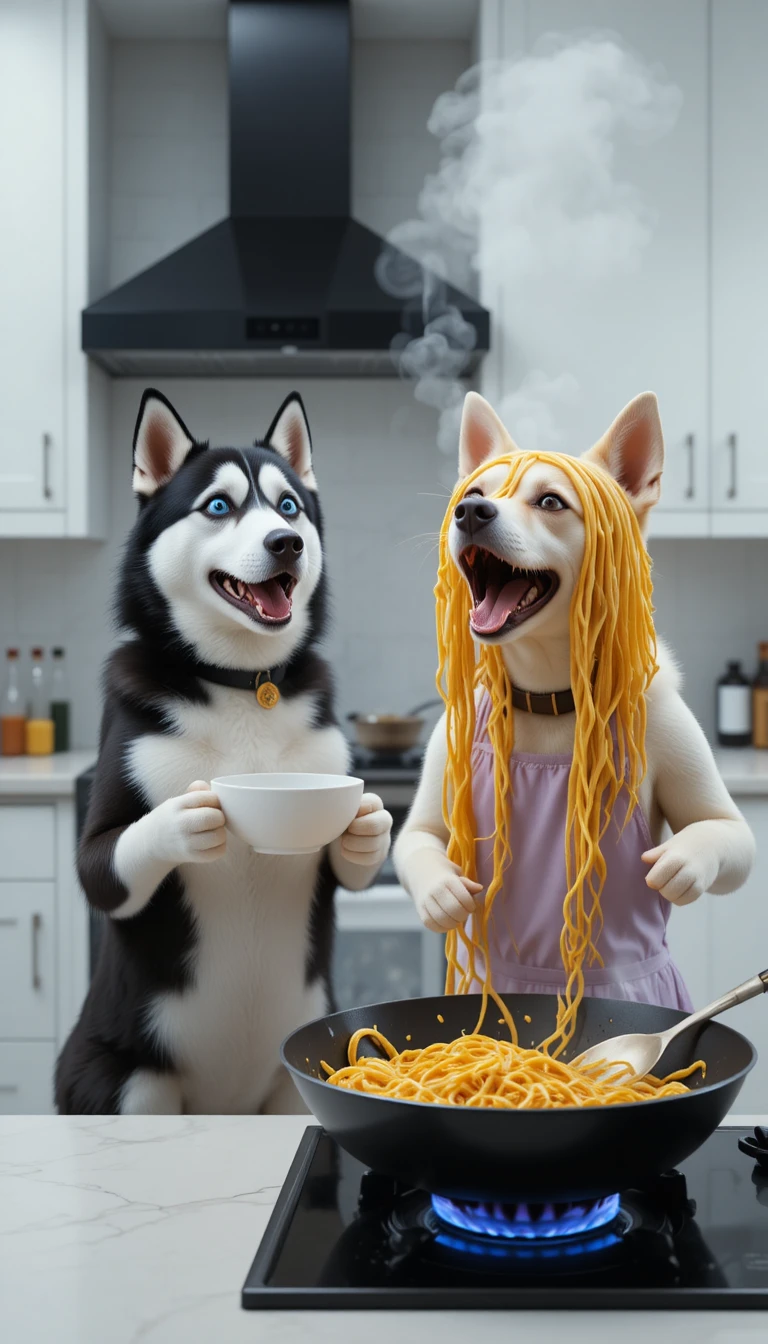 Cinematic Husky And Bulldog Cooking Together In Kitchen