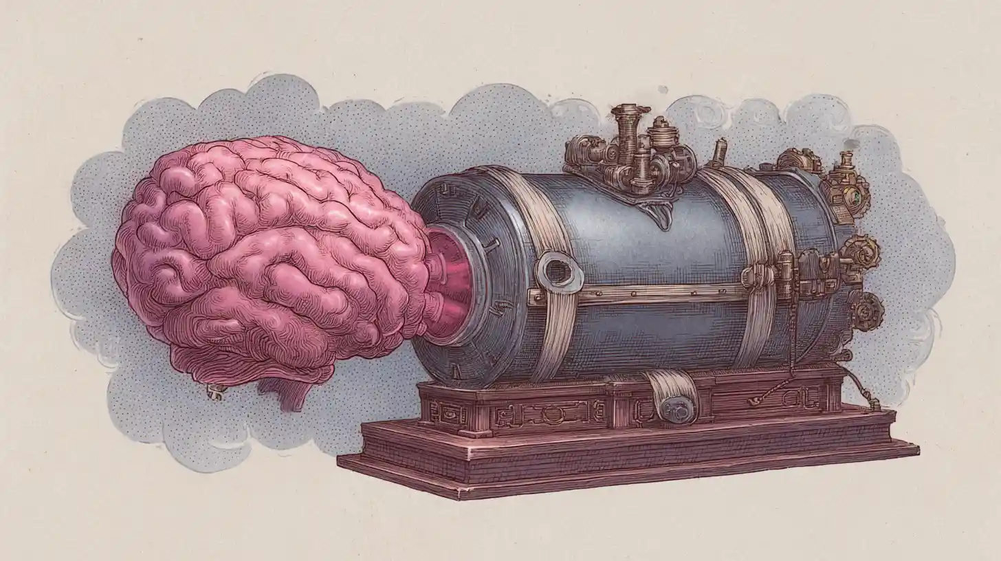 Surreal hervorquellendes Gehirn aus einer Steampunk-Wurstmaschine
