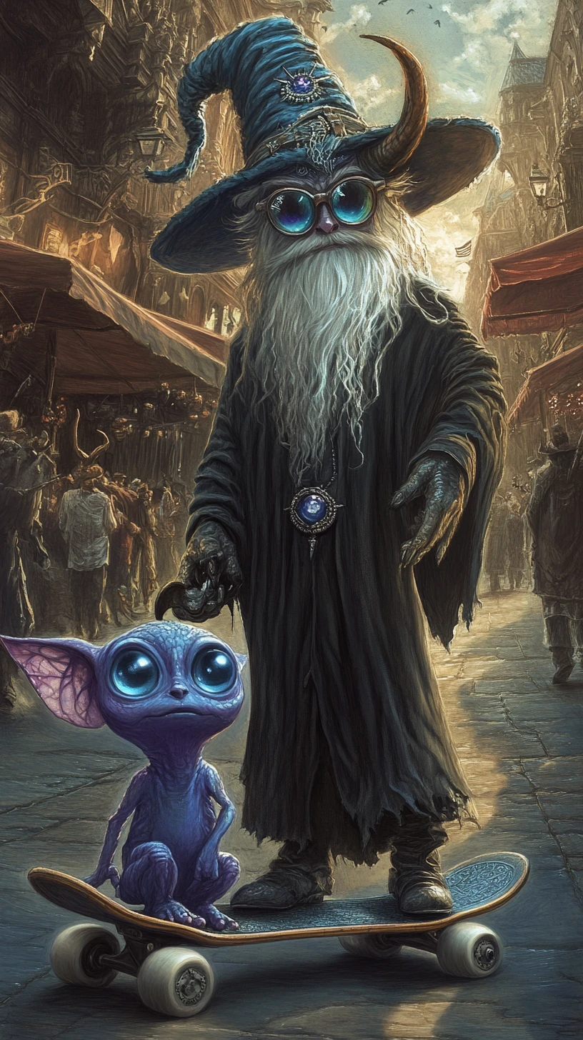 Wizard guiding a small alien through a medieval market