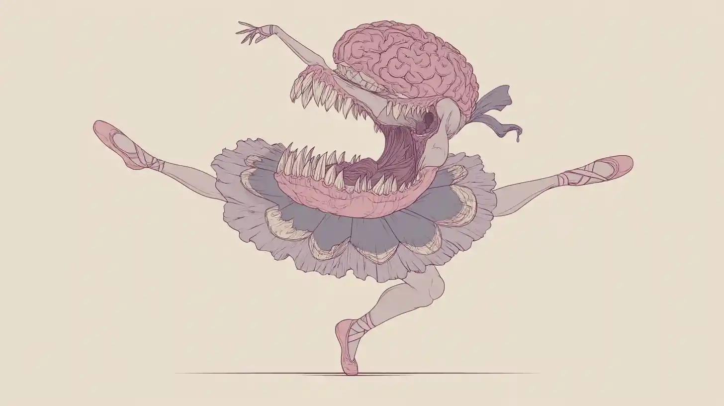 Ballerina fata surreale con cervello esposto e bocca nello stomaco