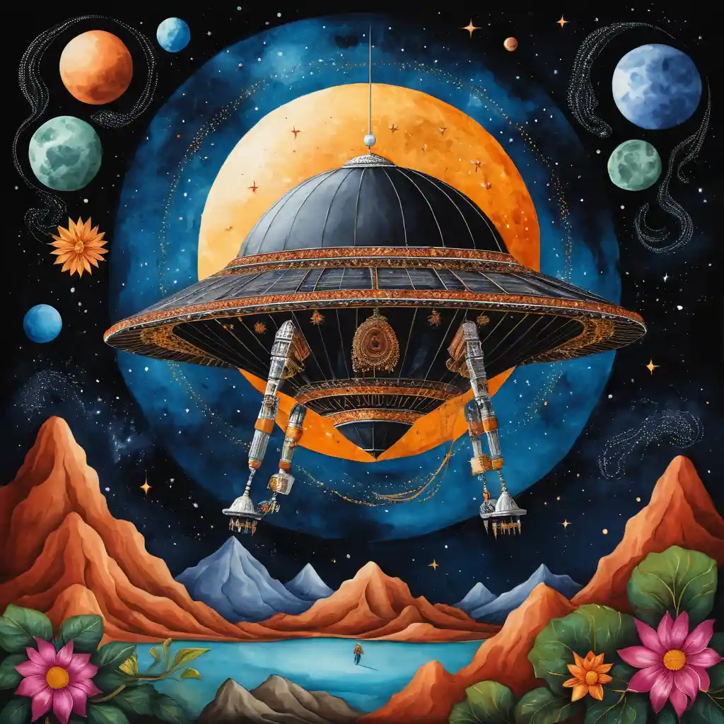 Colorful digital painting of a lunar lander above the moon