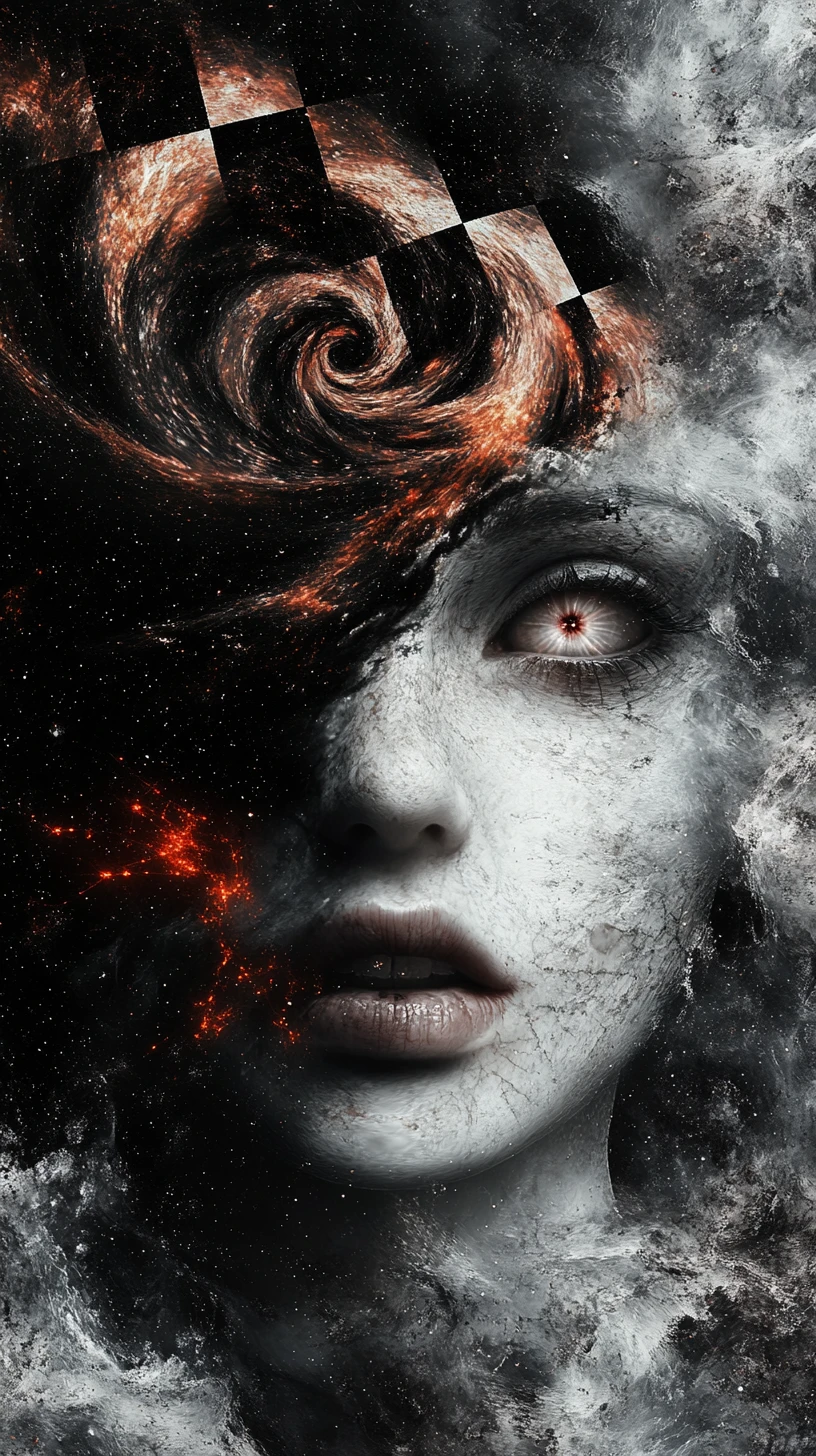 Surreal female face dissolving into dust and stars