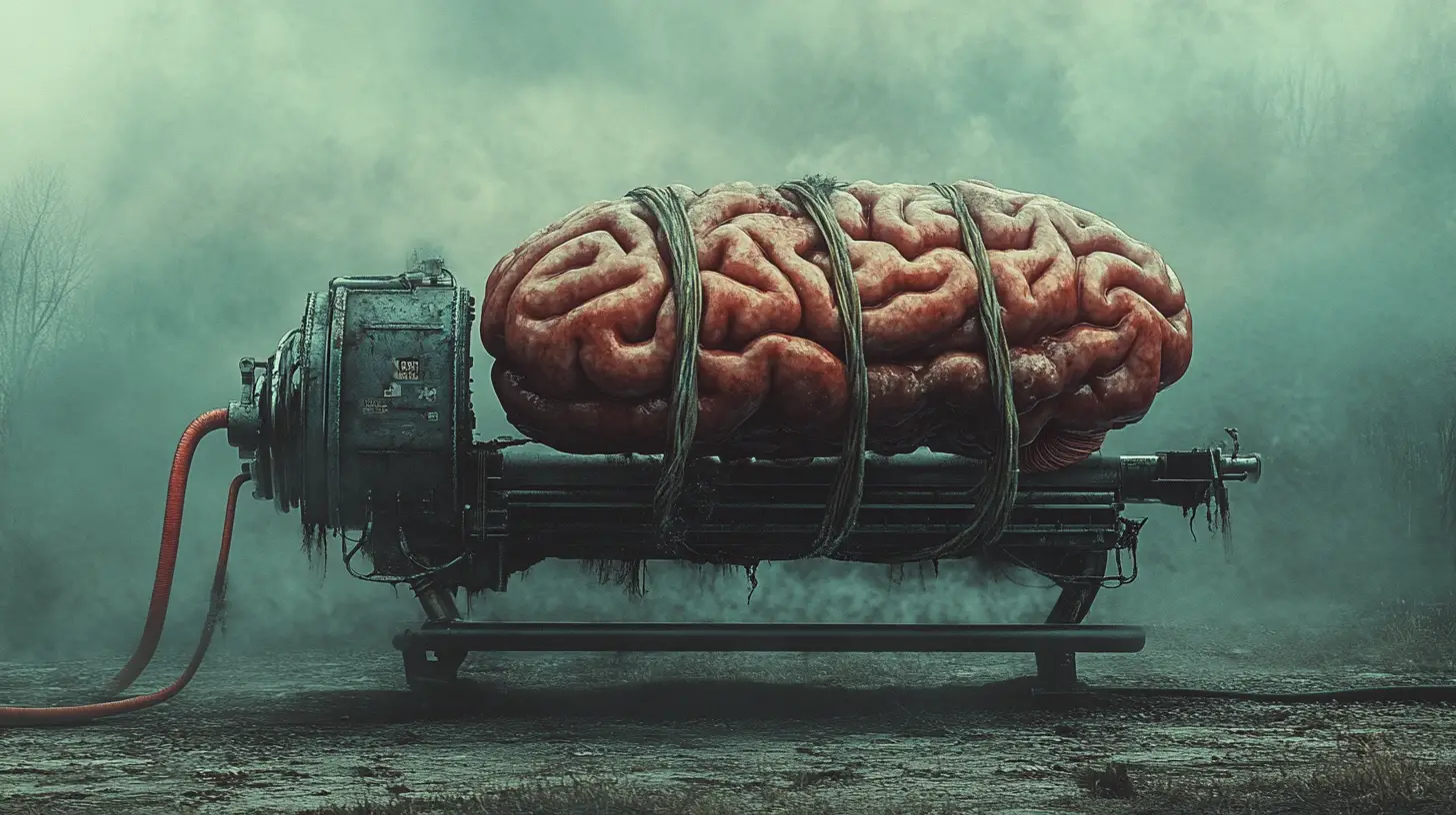 Cerveau surréaliste émergeant d’une machine à saucisses steampunk