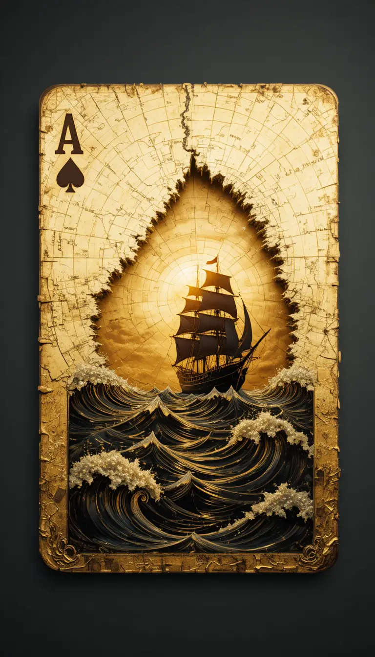 Minimalistische goldene Spielkarte mit Seekarte und Piratenschiff
