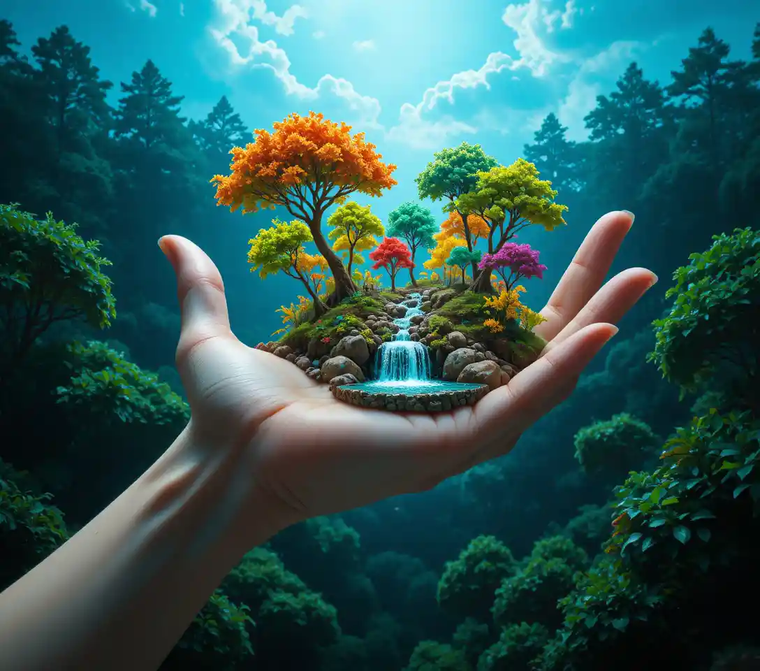 Macro cgi close up of a hand holding a tiny forest