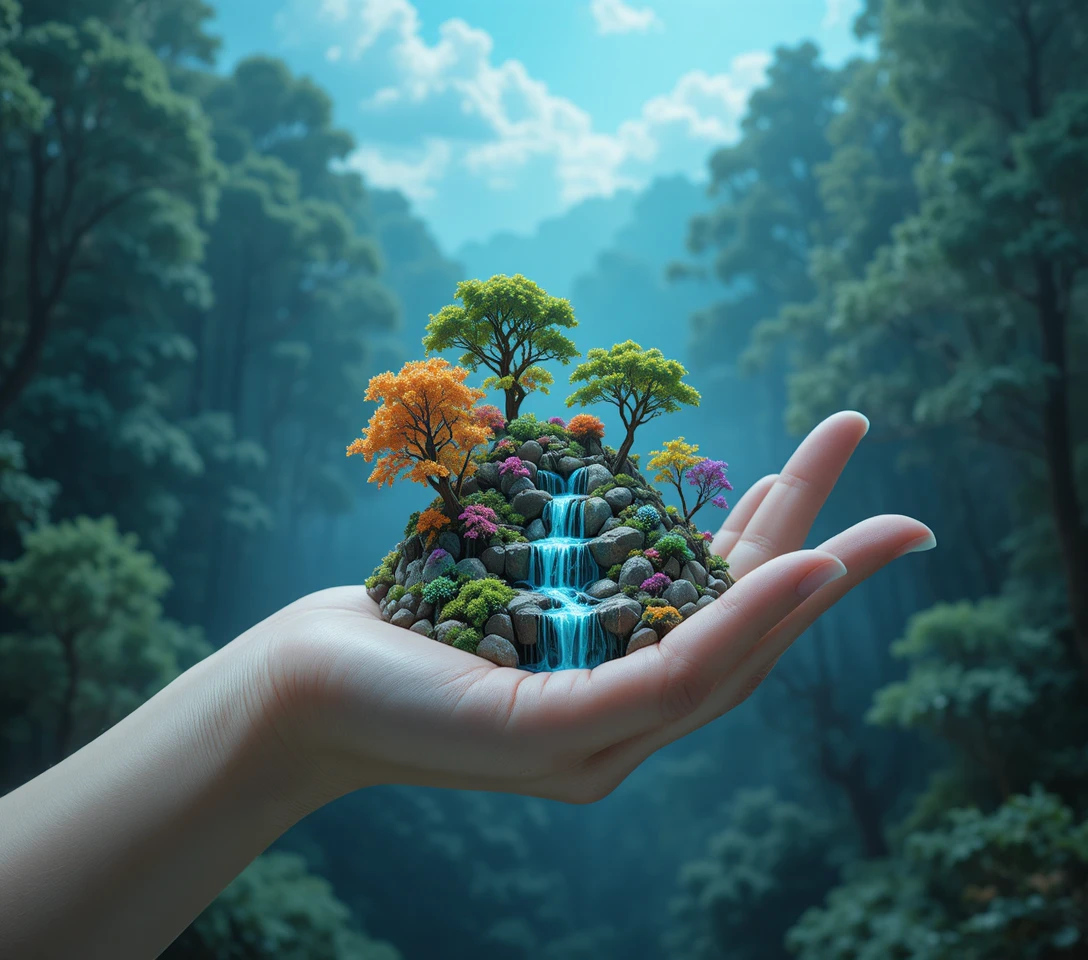 Macro view of a pale hand holding a tiny forest