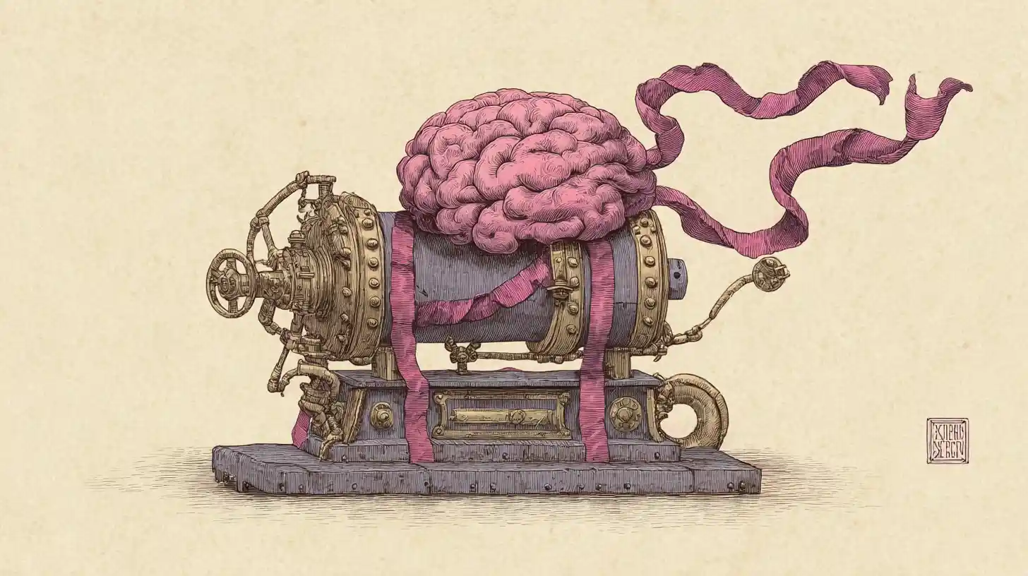 Cérebro surreal saindo de uma máquina de salsicha steampunk