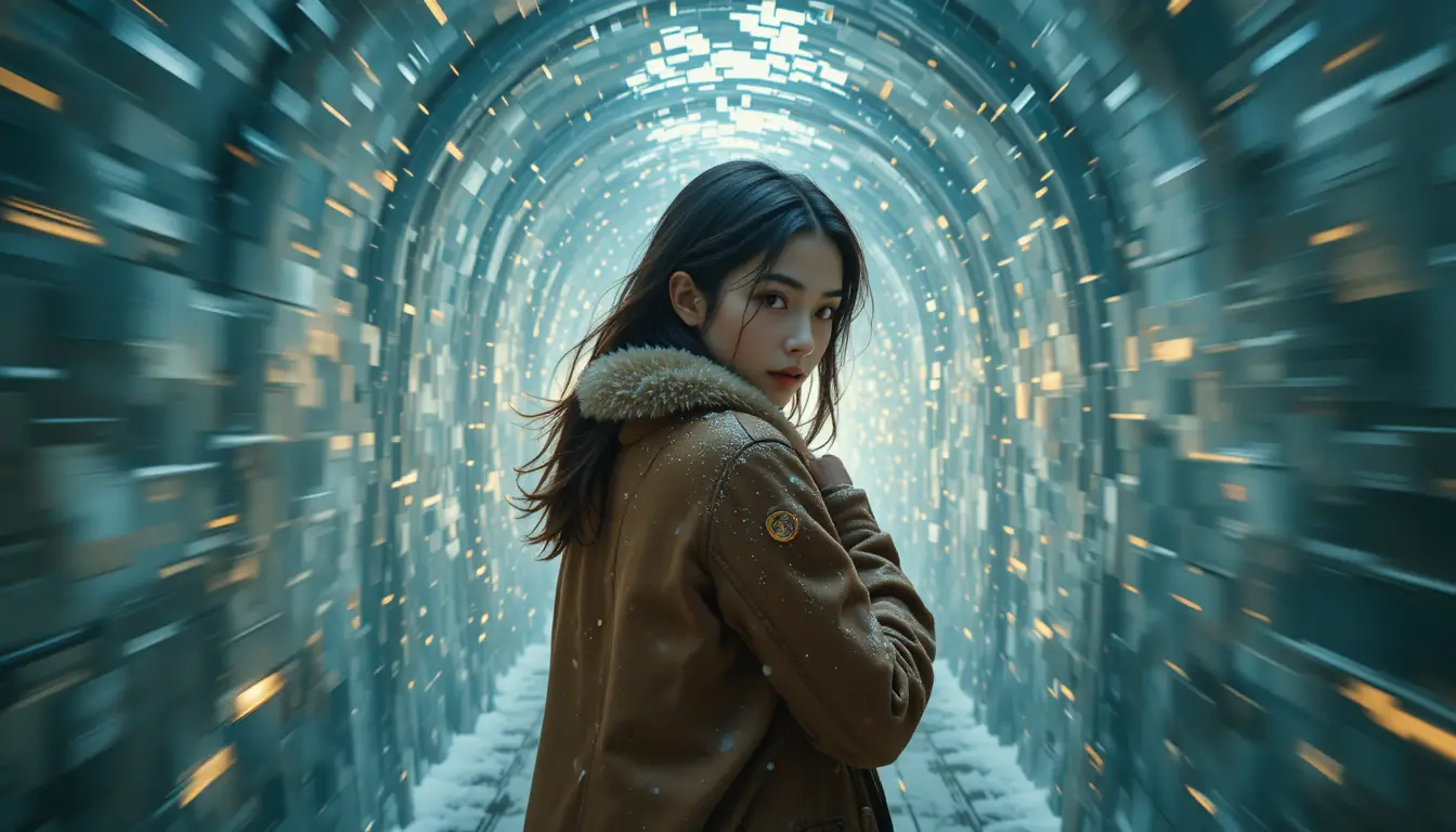 Young woman rushing through an icy corridor with lens flares