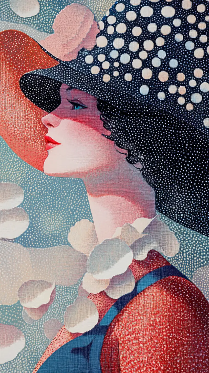 Surreale pointillistische Frau, die aus abstrakt gemustertem Raum auftaucht