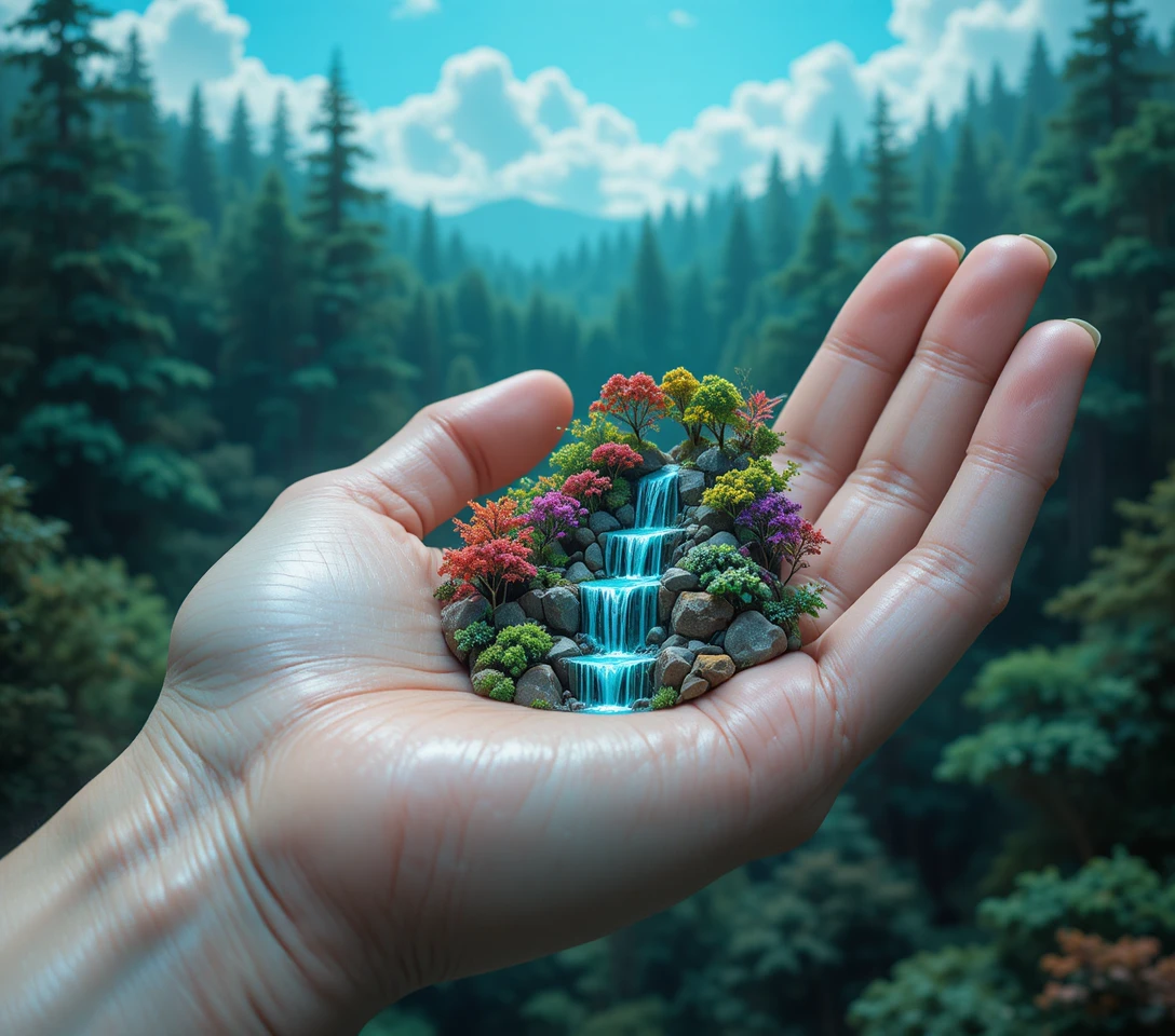 Close up of a hand holding a tiny forest world