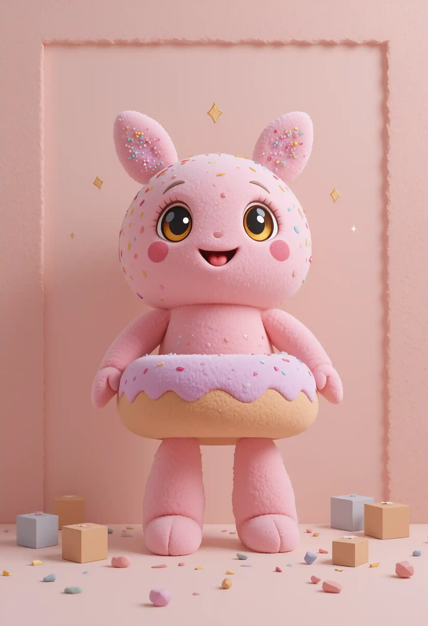 Cute donut character plush toy on soft blush background