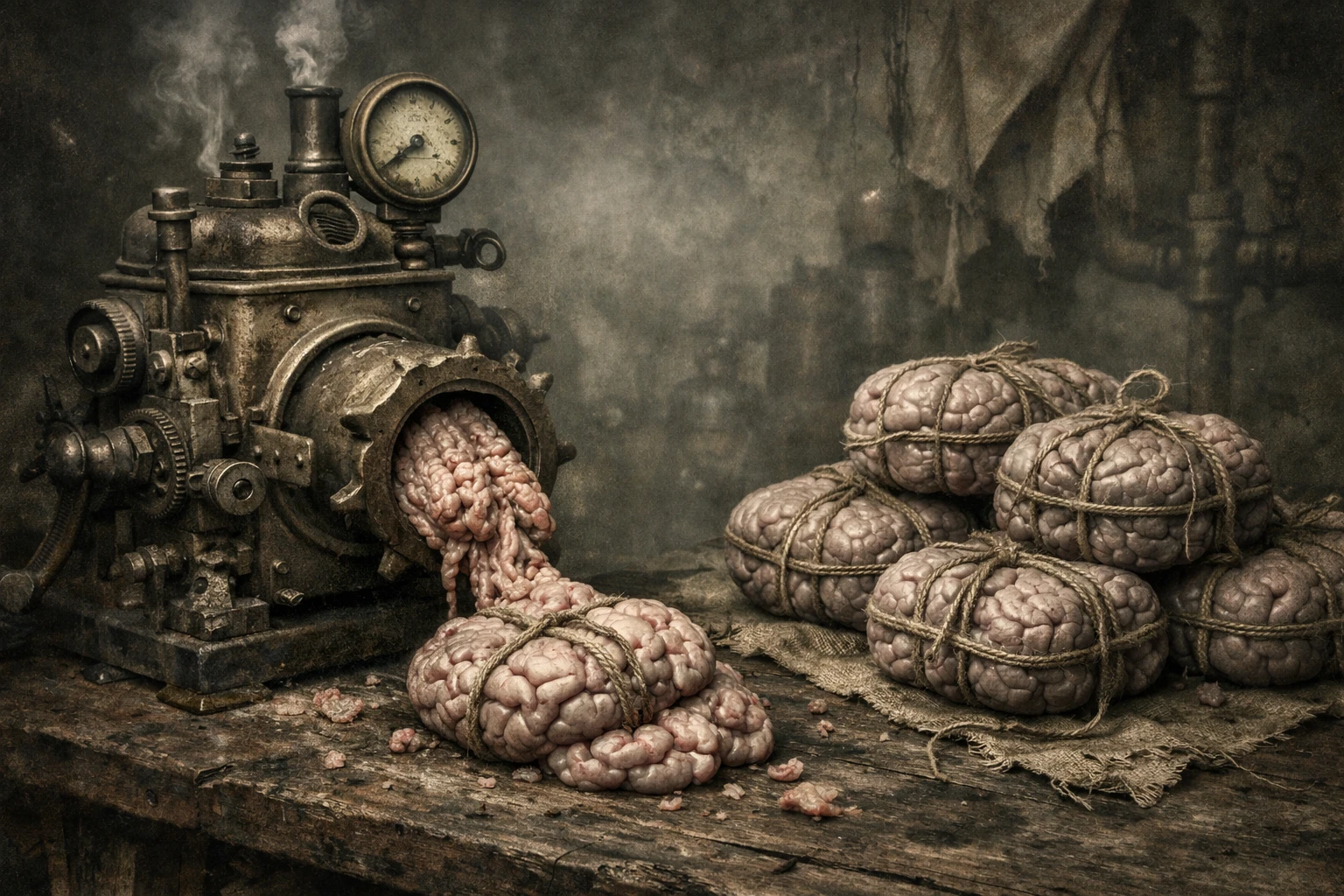 Surreal brain emerging from a steampunk sausage machine