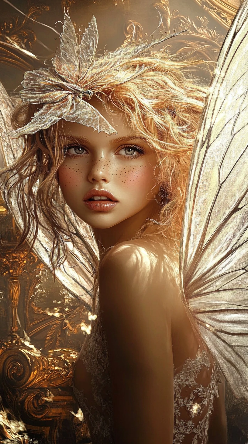 Whimsical vintage fairy pin up in ornate fantasy interior