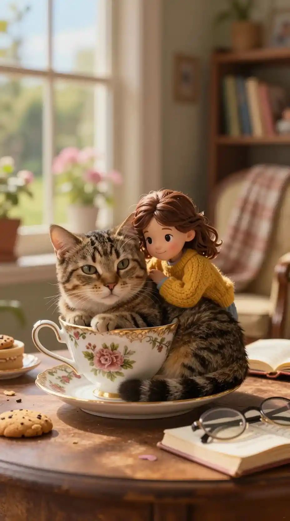 Gato malhado e mulher minúscula aconchegados em uma xícara de chá vintage