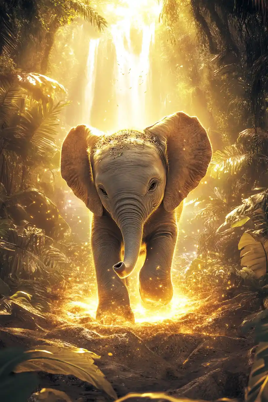 Baby elephant walking gently above a lush jungle world