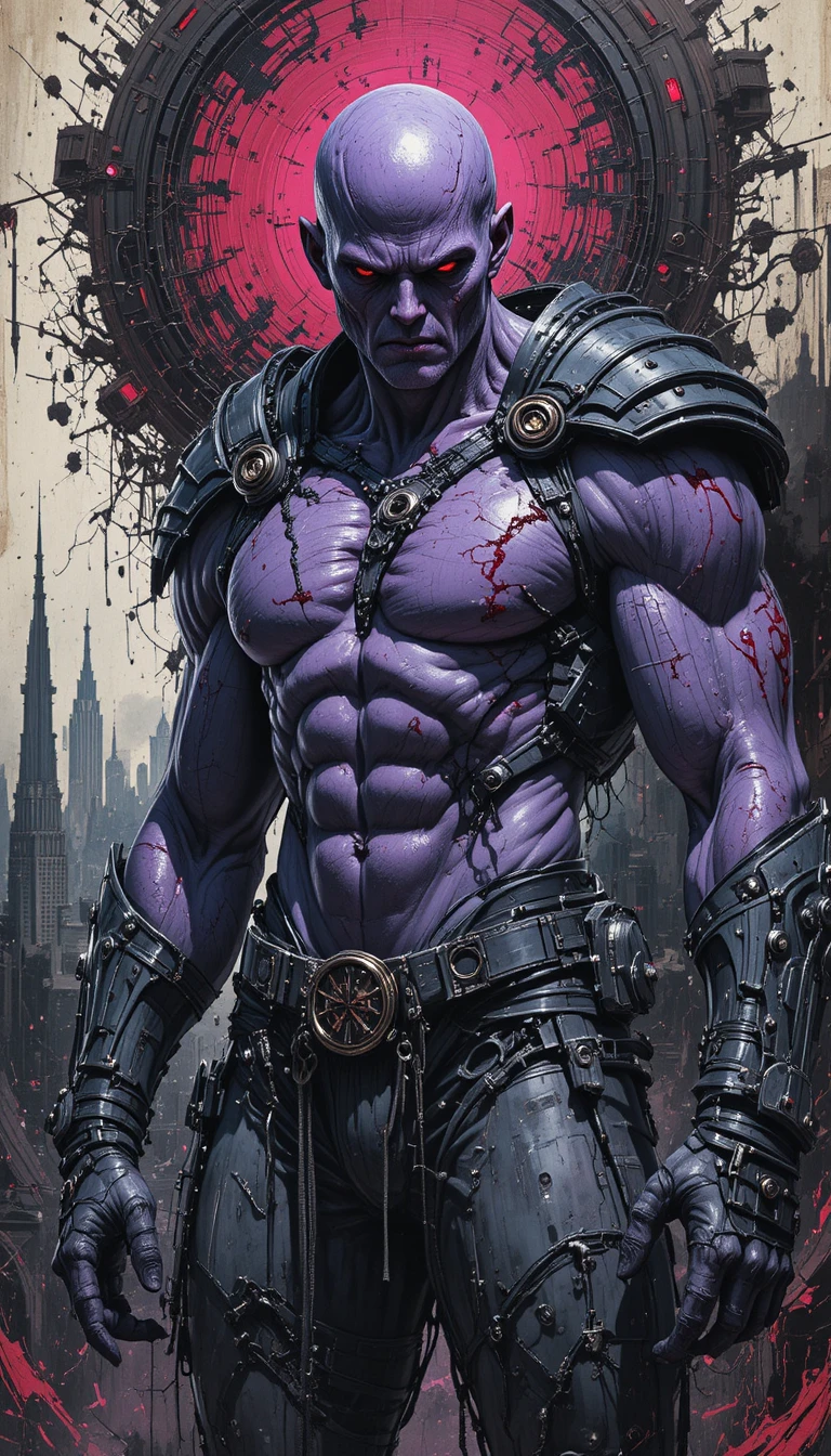 Violet armored warrior with red eyes in abstract chaos