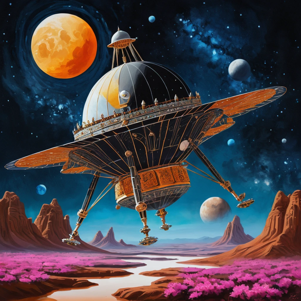 Indian lunar spacecraft above the moon in ornate painting