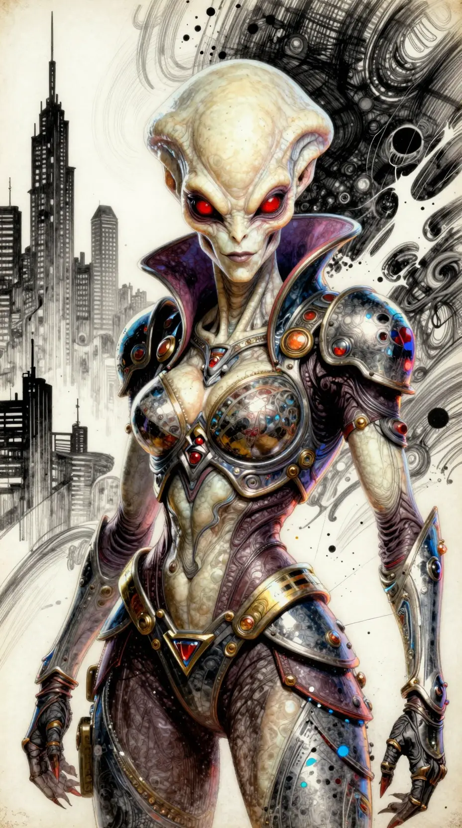Alien armored woman with red eyes in abstract cityscape