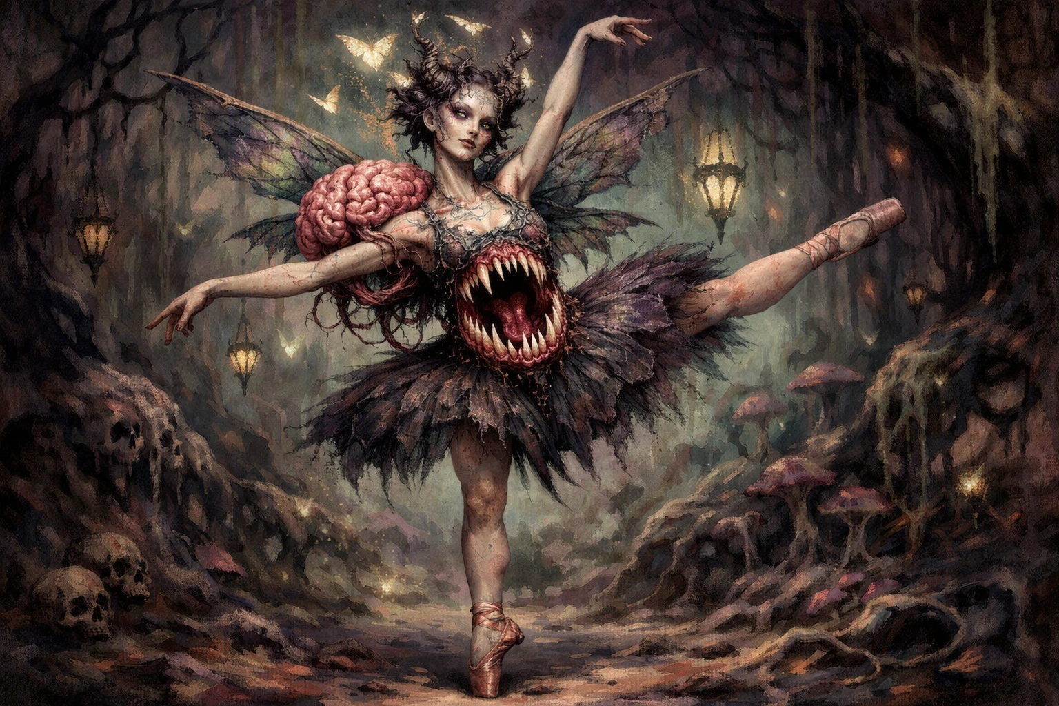 Surreal fae ballerina with monstrous stomach mouth