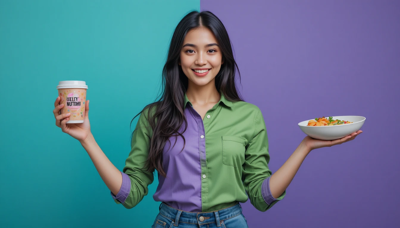 Smiling woman holding cup and bowl in split color studio