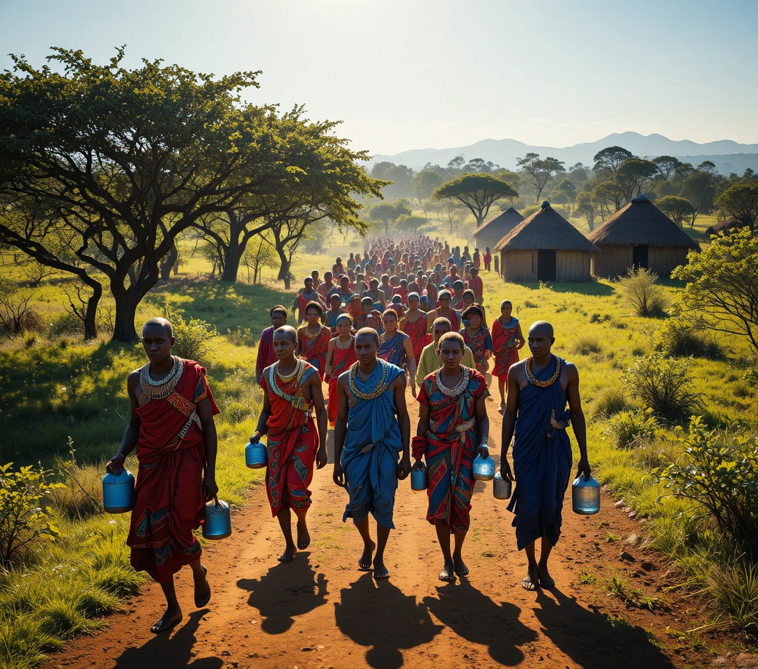 Maasai villagers walking through a sunlit rural Tanzanian village