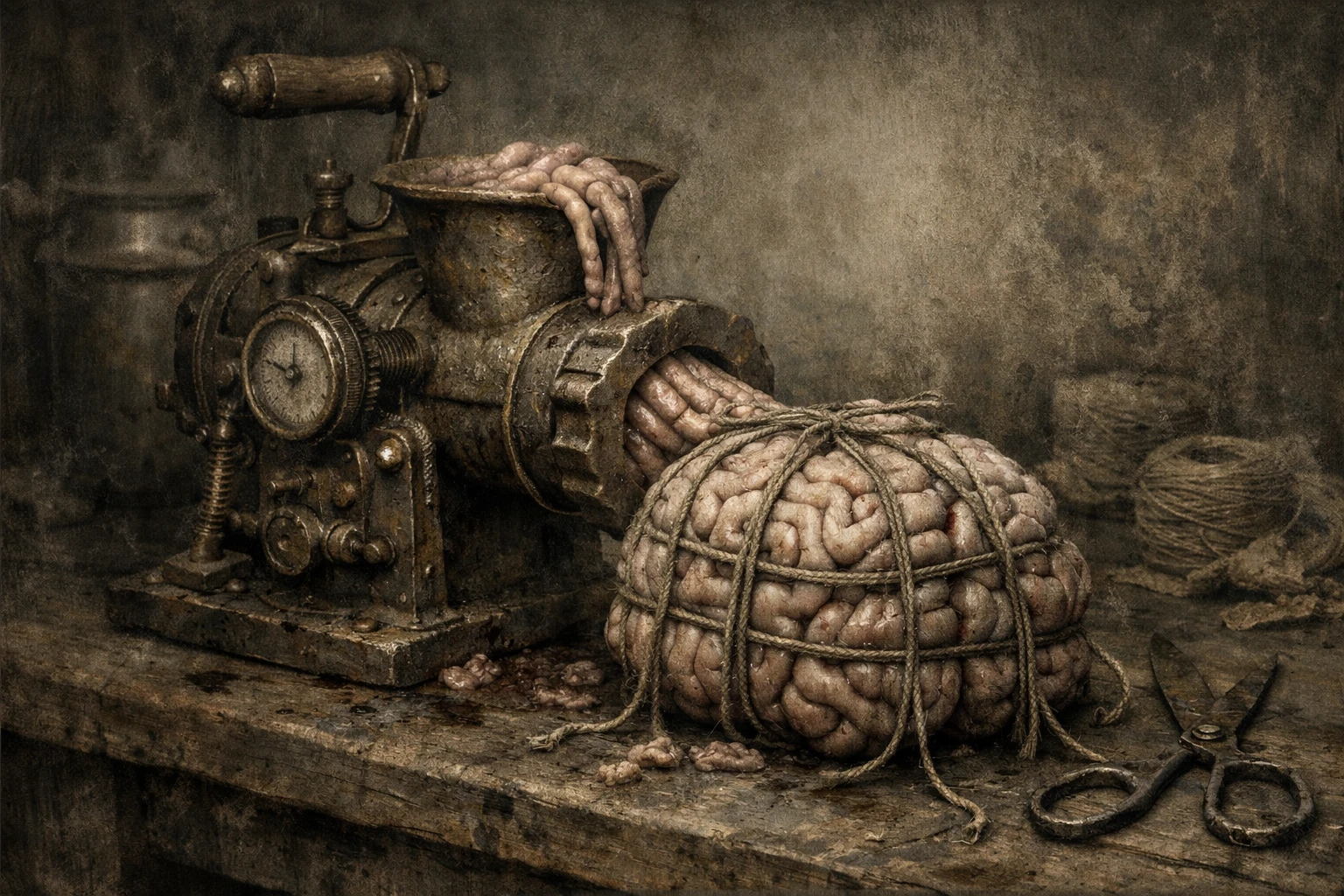 Surreal brain emerging from steampunk sausage machine