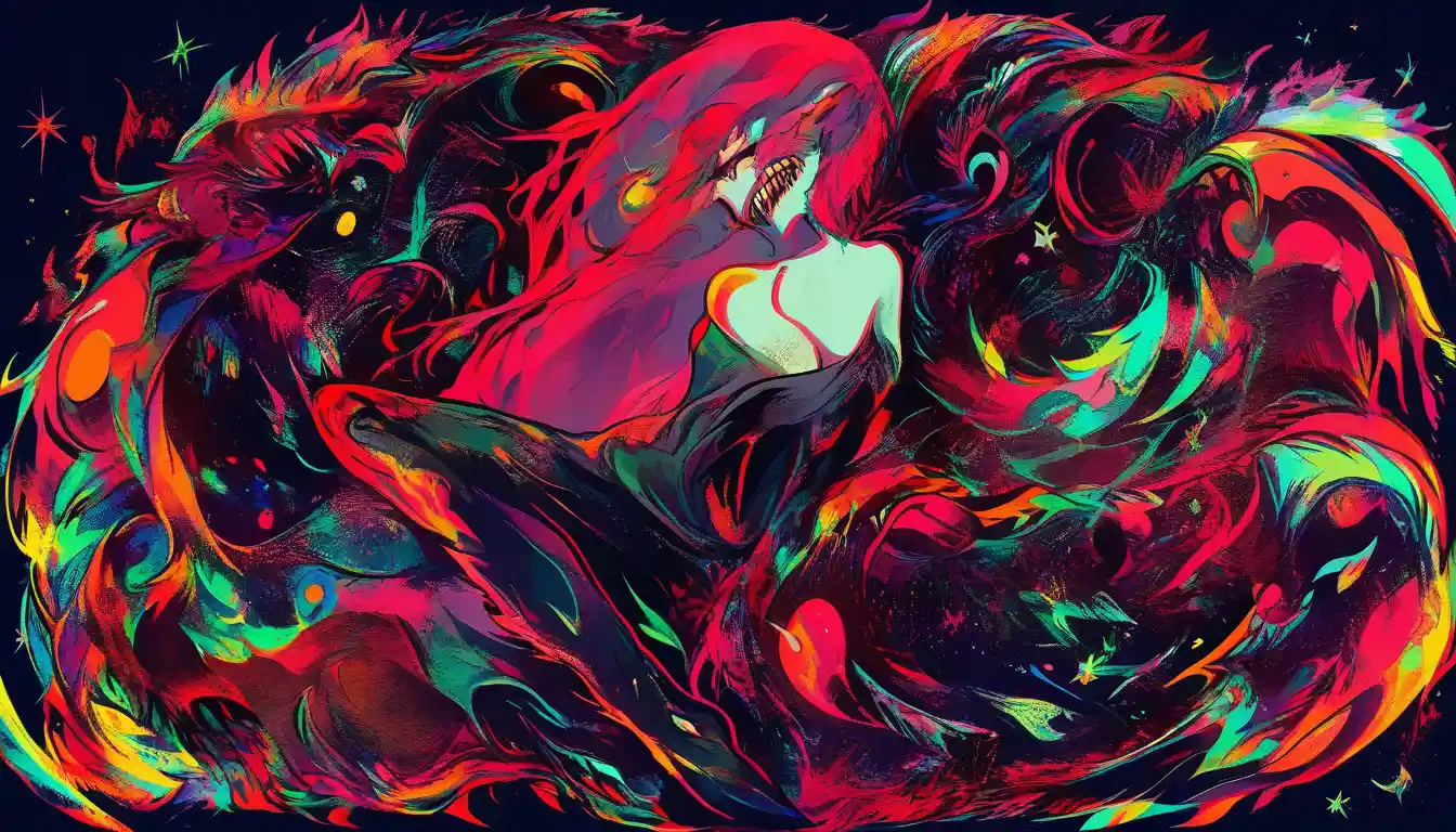 Surreal fae dancer with monstrous stomach mouth and brain
