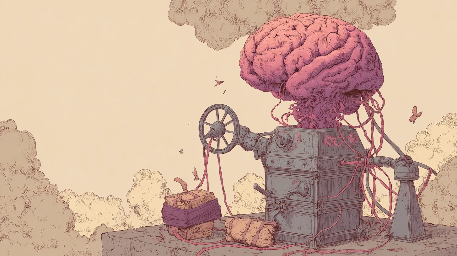 Surreal brain emerging from a steampunk sausage machine