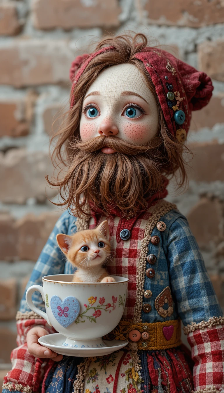 Cute kitten in a teacup with vintage patchwork details