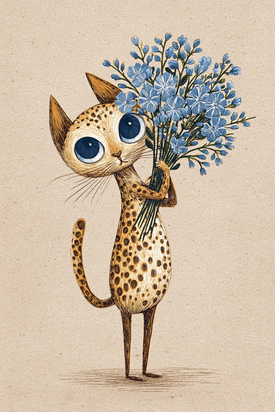 Cute ocicat with blue flowers in vintage book style