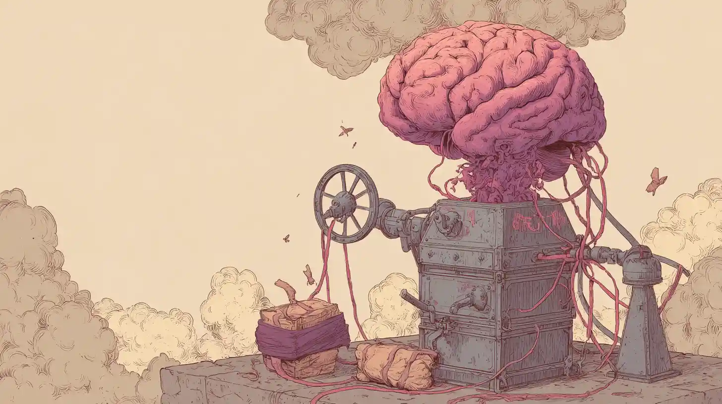 Surreal brain emerging from a steampunk sausage machine