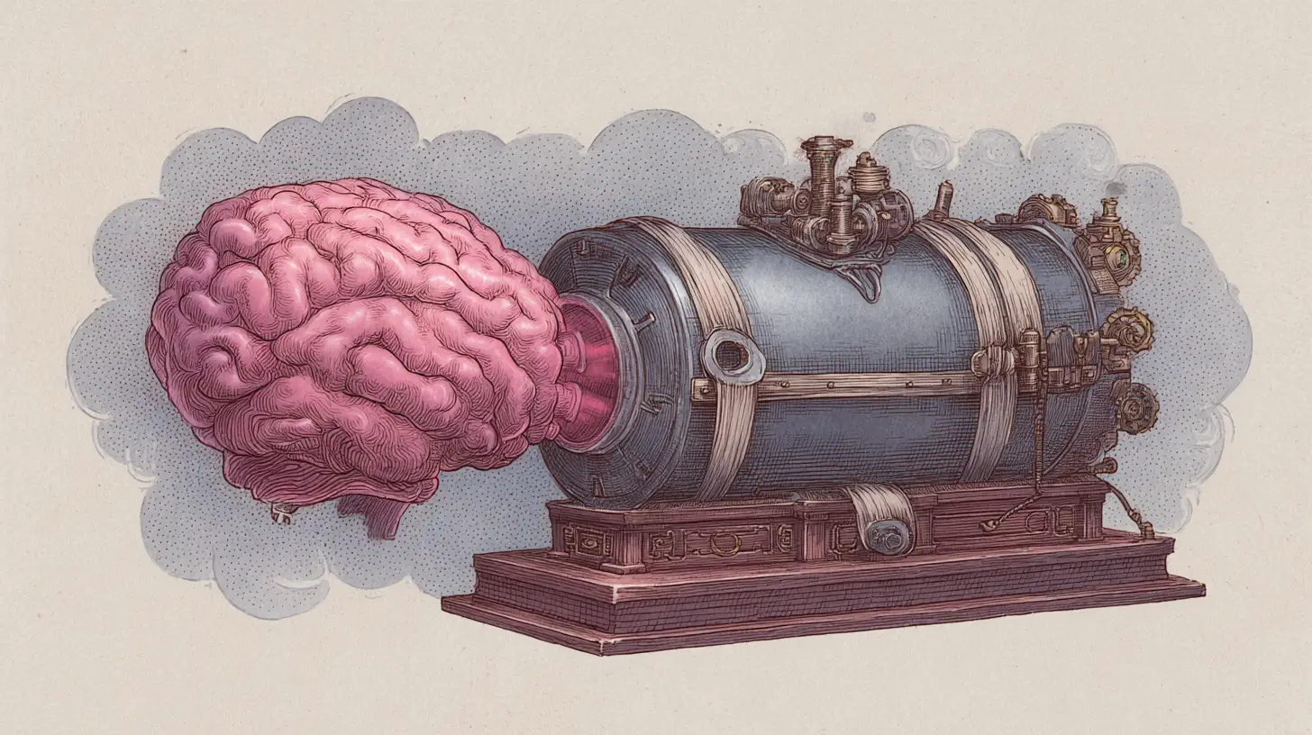 Cerveau surréaliste émergeant d’une machine à saucisses steampunk