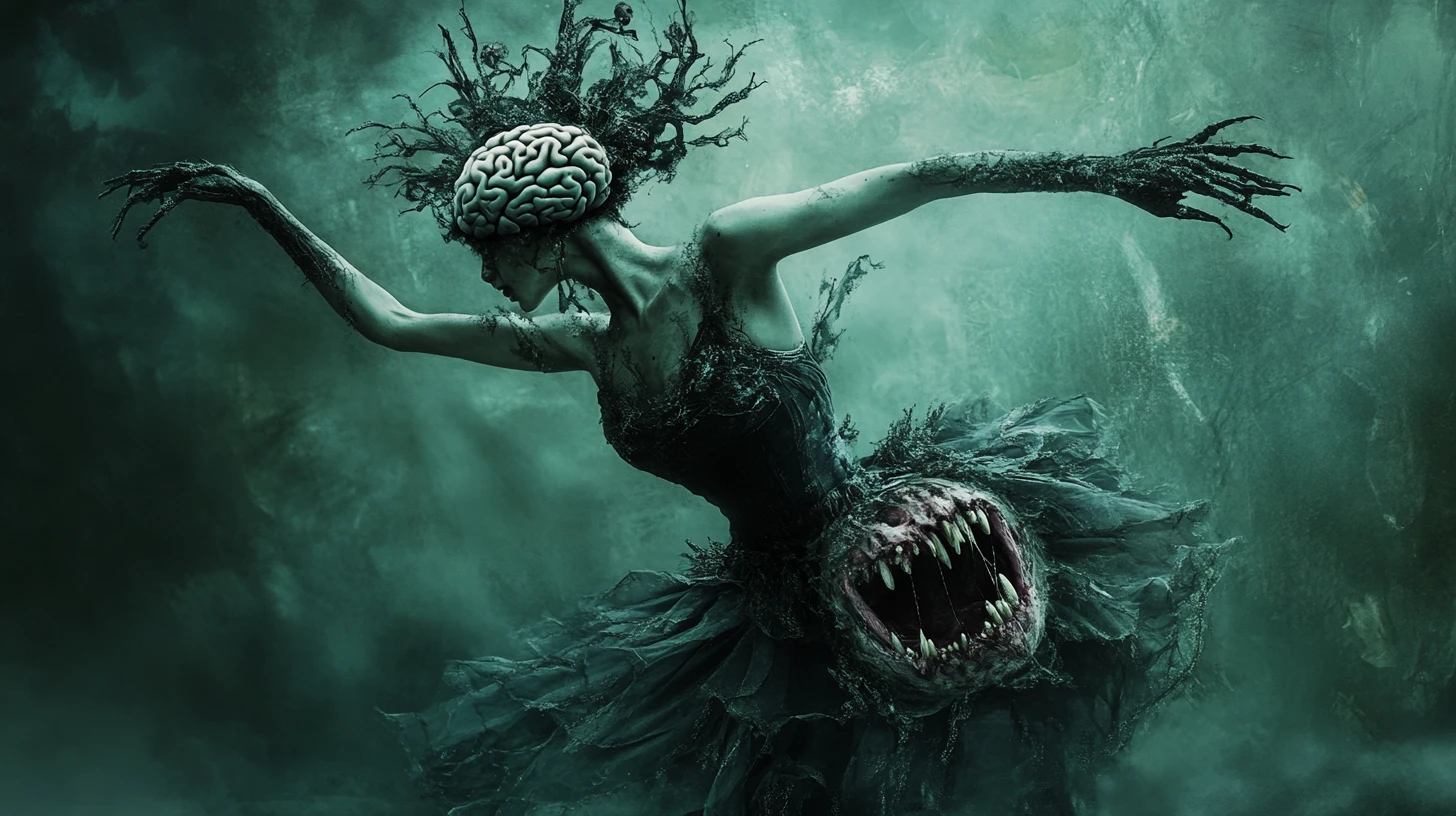 Surreal fae ballerina with monstrous body horror details