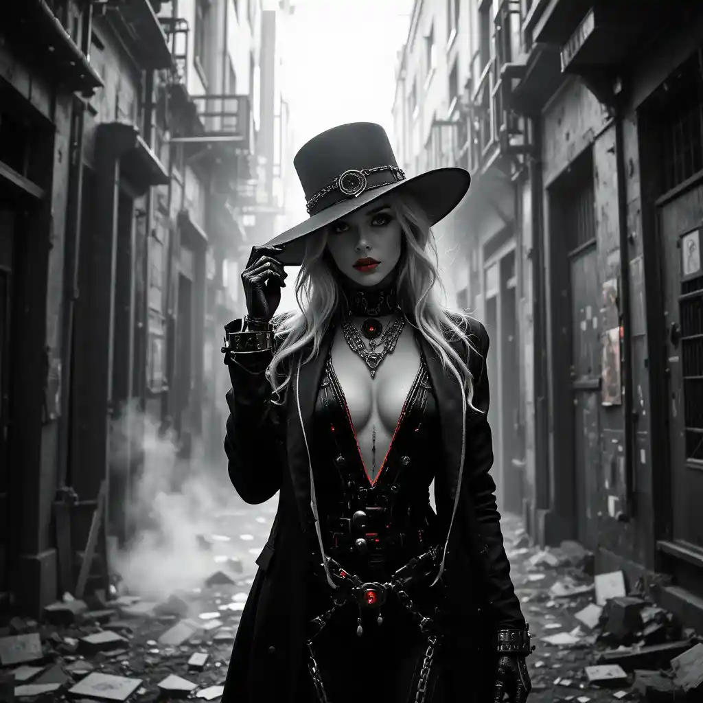 Noir-Cyberpunk-Frau in einem schattigen Industrie-Gassenweg