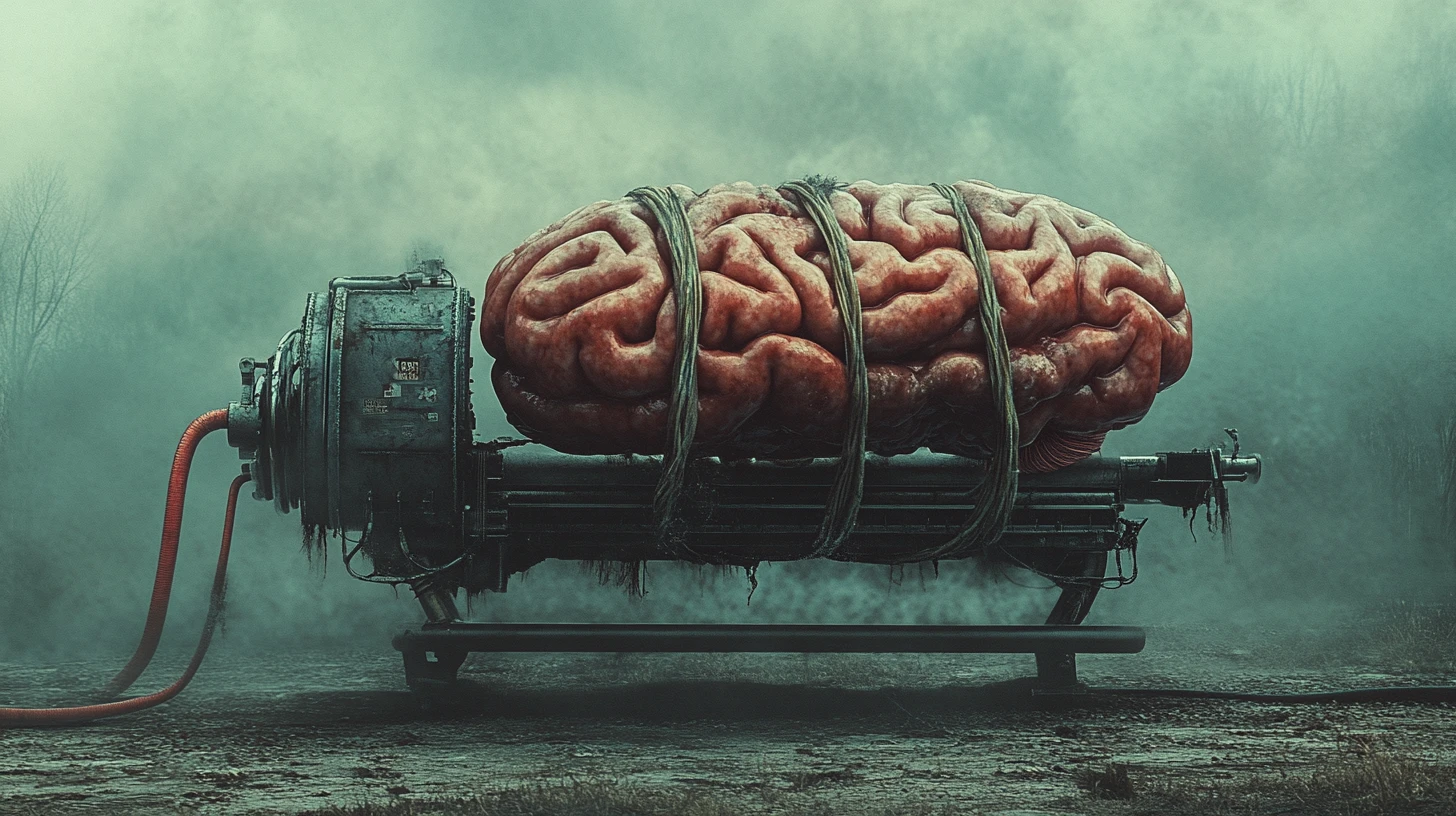 Surreal brain emerging from a steampunk sausage machine