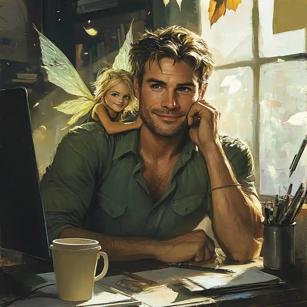 Man at desk with tiny fairy whispering on his shoulder