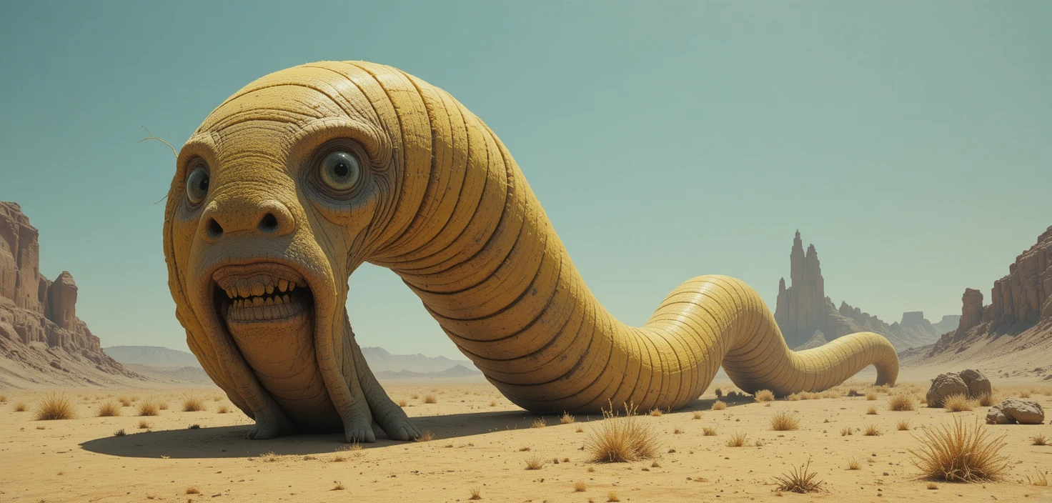 Surreal digital caterpillar in a glowing desert landscape