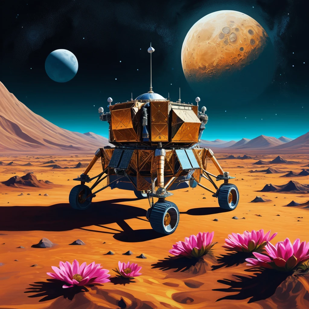 Colorful digital painting of an Indian spacecraft above the moon