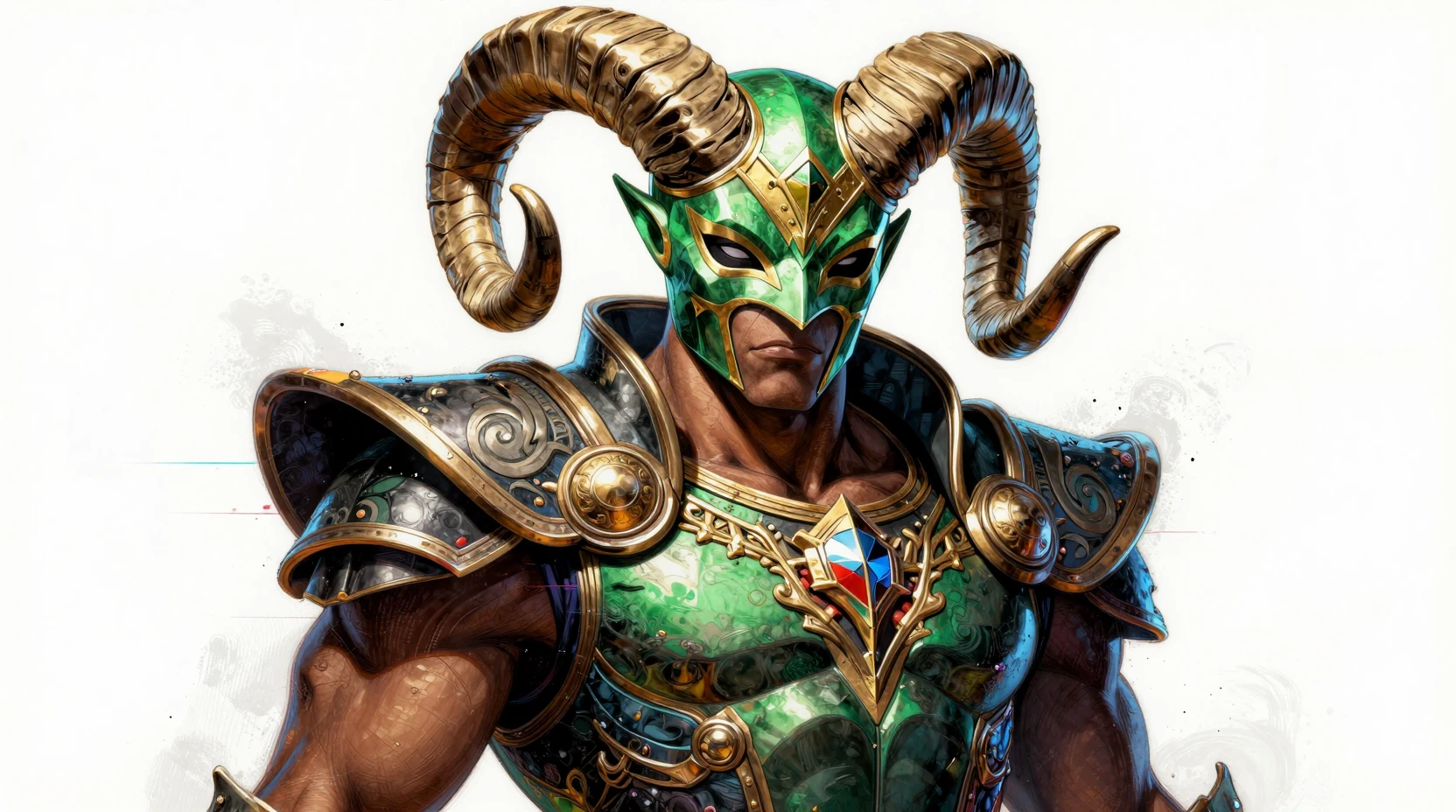 Horned masked warrior posing against stark white background