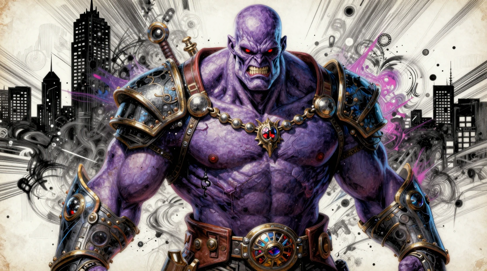 Surreal violet warrior in armored gear with intense gaze