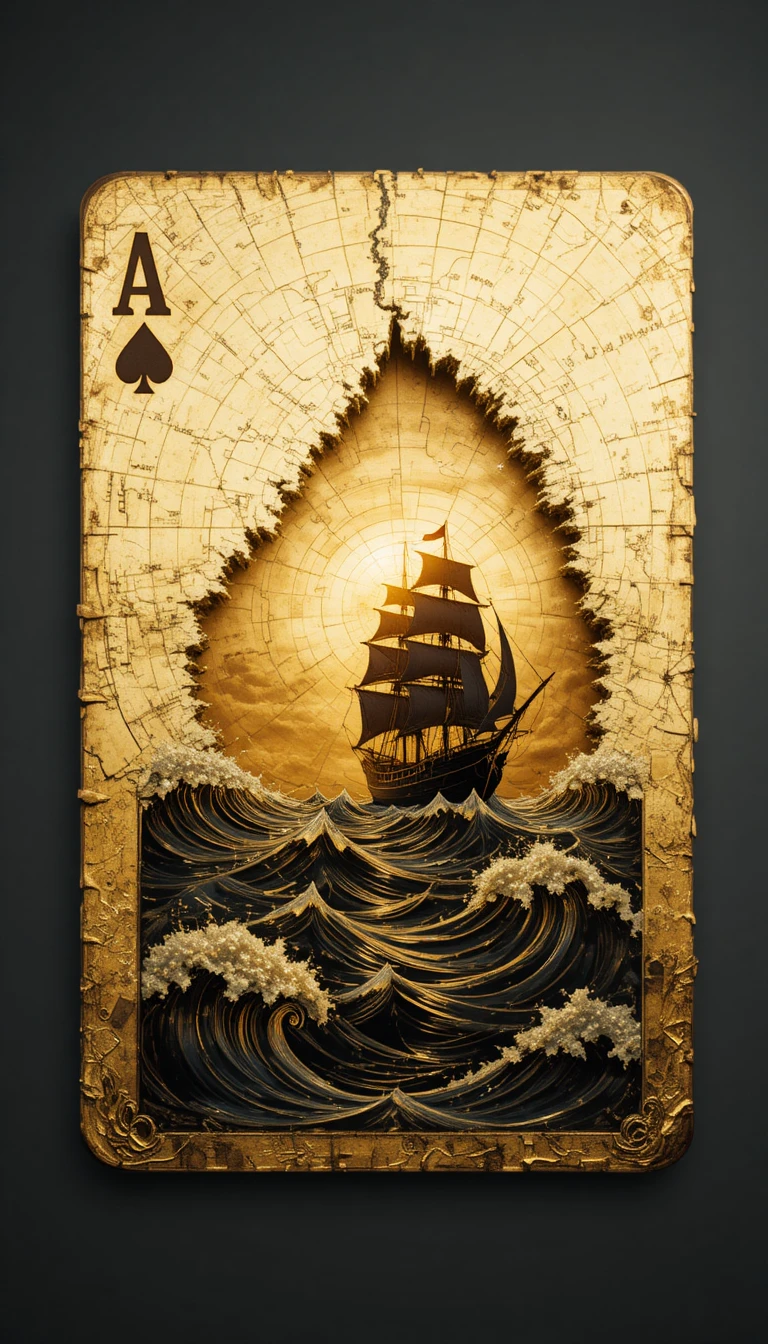 Minimal gold playing card with sea map and pirate ship
