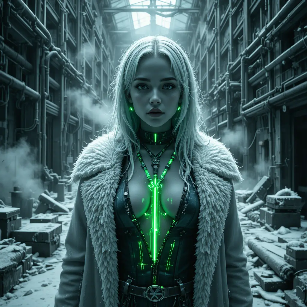 Neon lit woman in frozen factory with glitching shadows