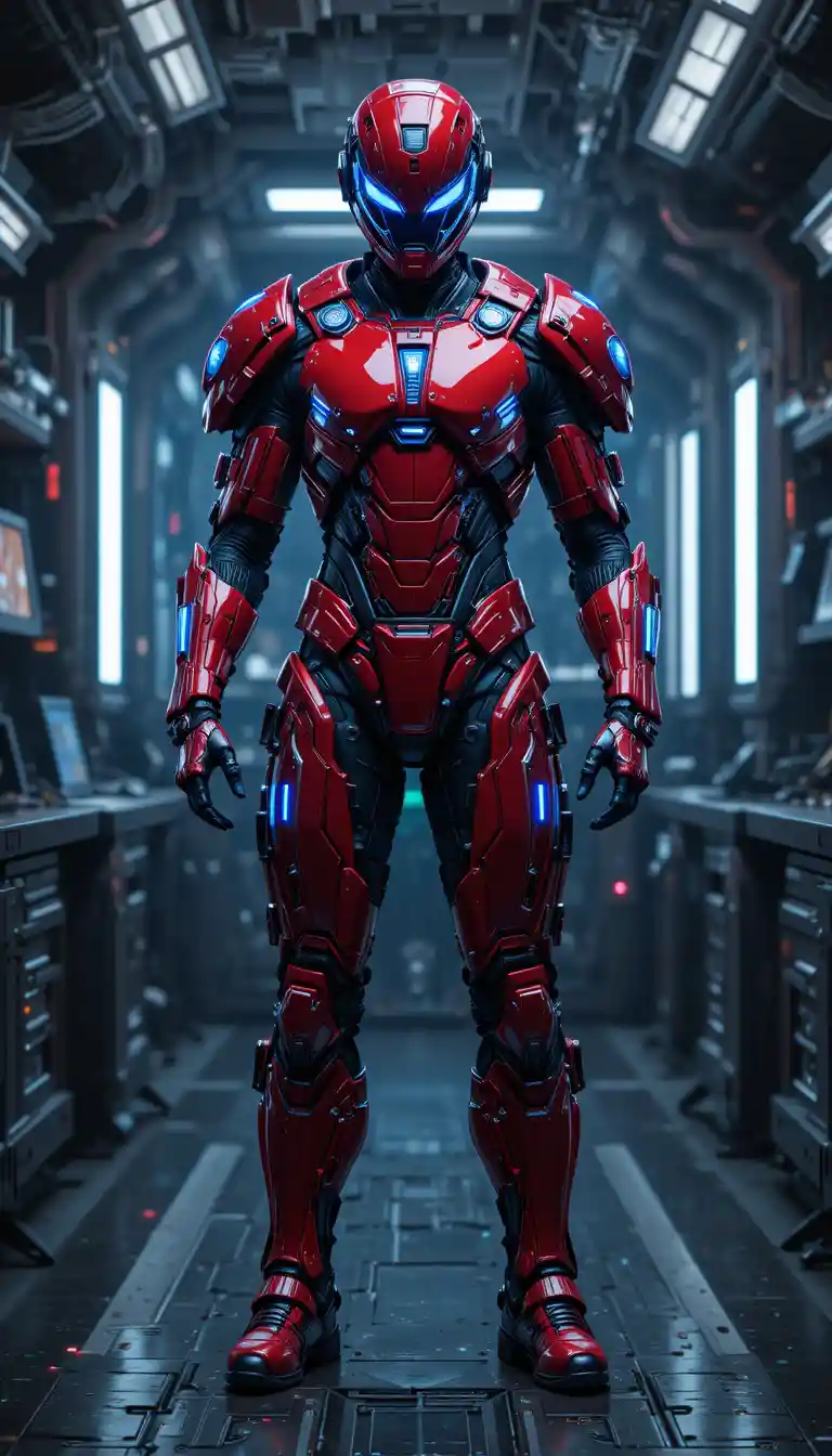 Futuristic armored warrior in red suit in high tech lab