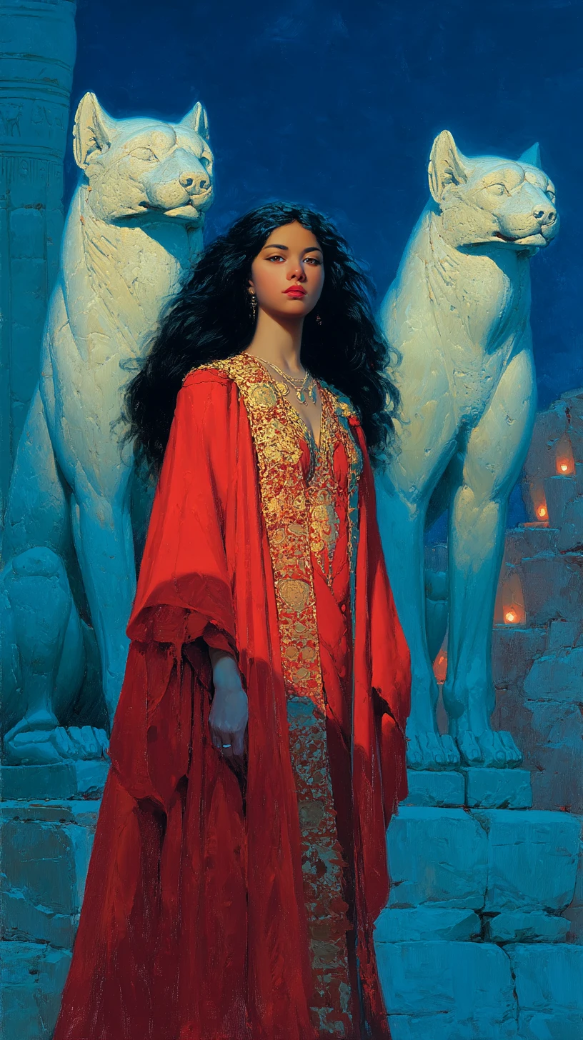 Regal Egyptian queen in red and gold before Anubis statues
