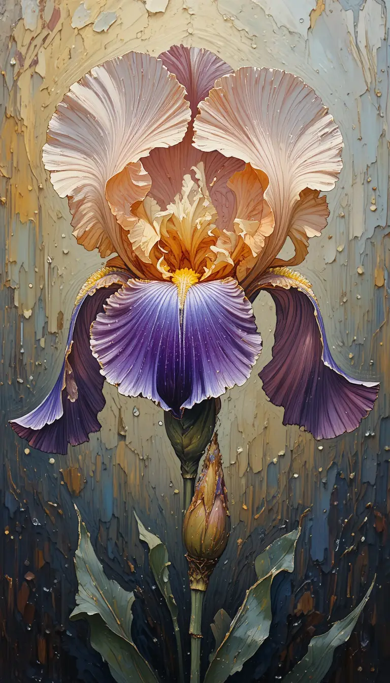 Blooming iris oil painting with bright dewy petals