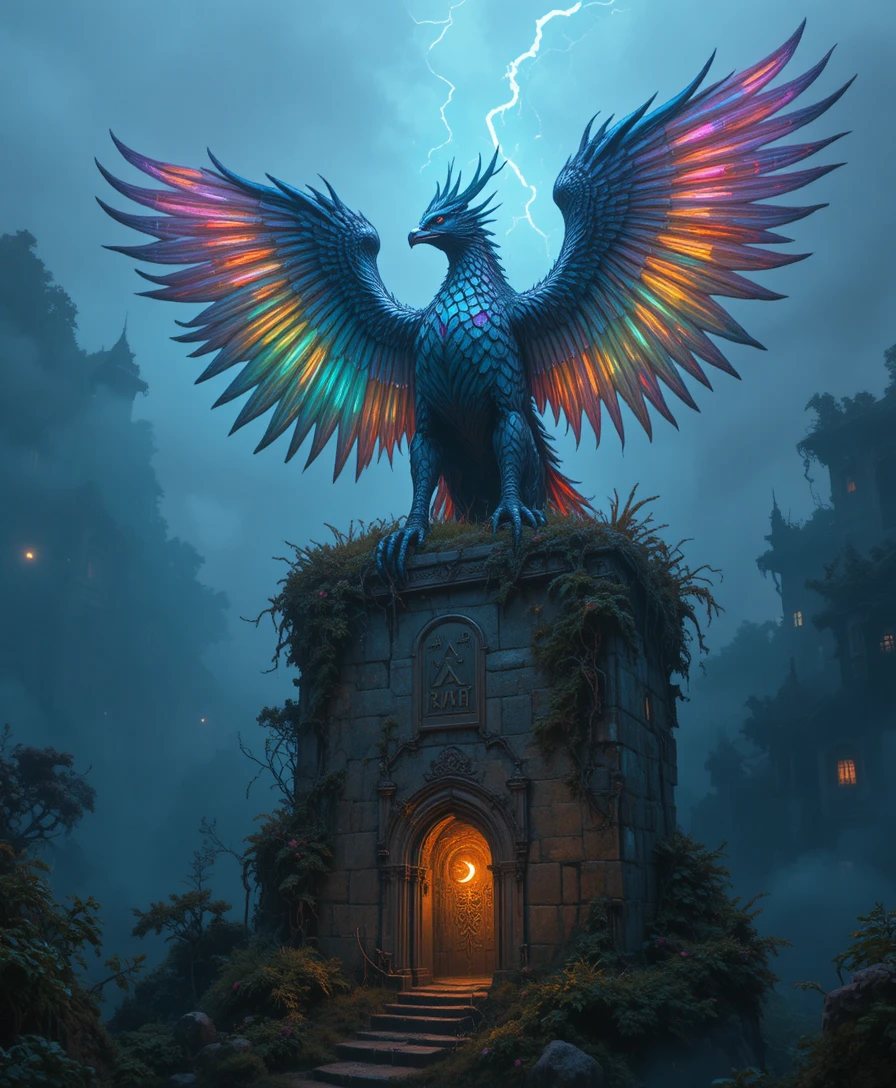Majestic griffin on ruined tower above misty enchanted forest