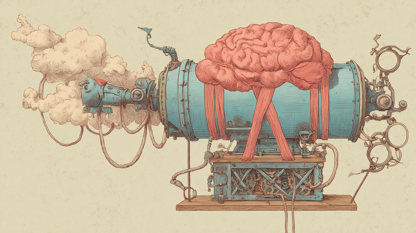 Cerebro surreal que emerge de una máquina de salchichas steampunk