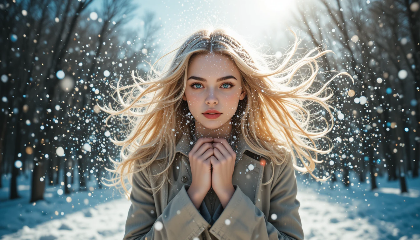Young woman in trench coat with windblown hair in snow