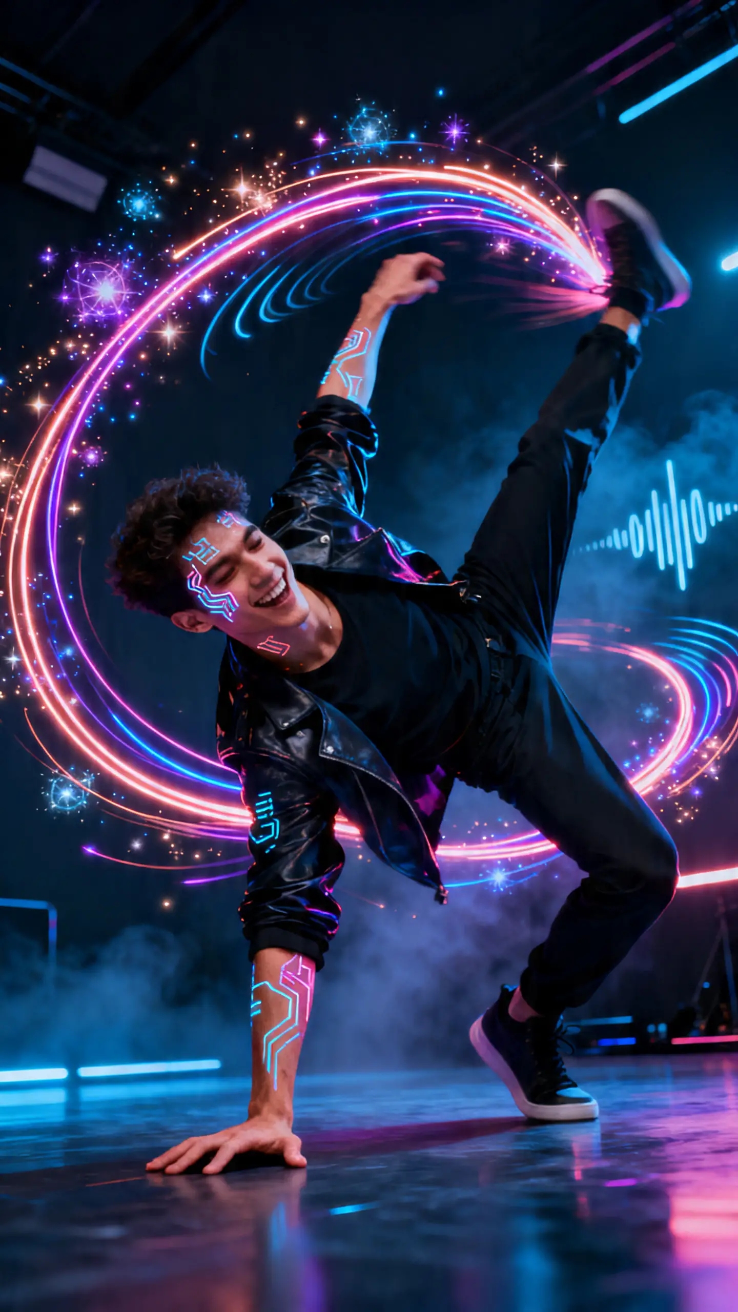 Dancing woman in neon magic sync motion capture studio