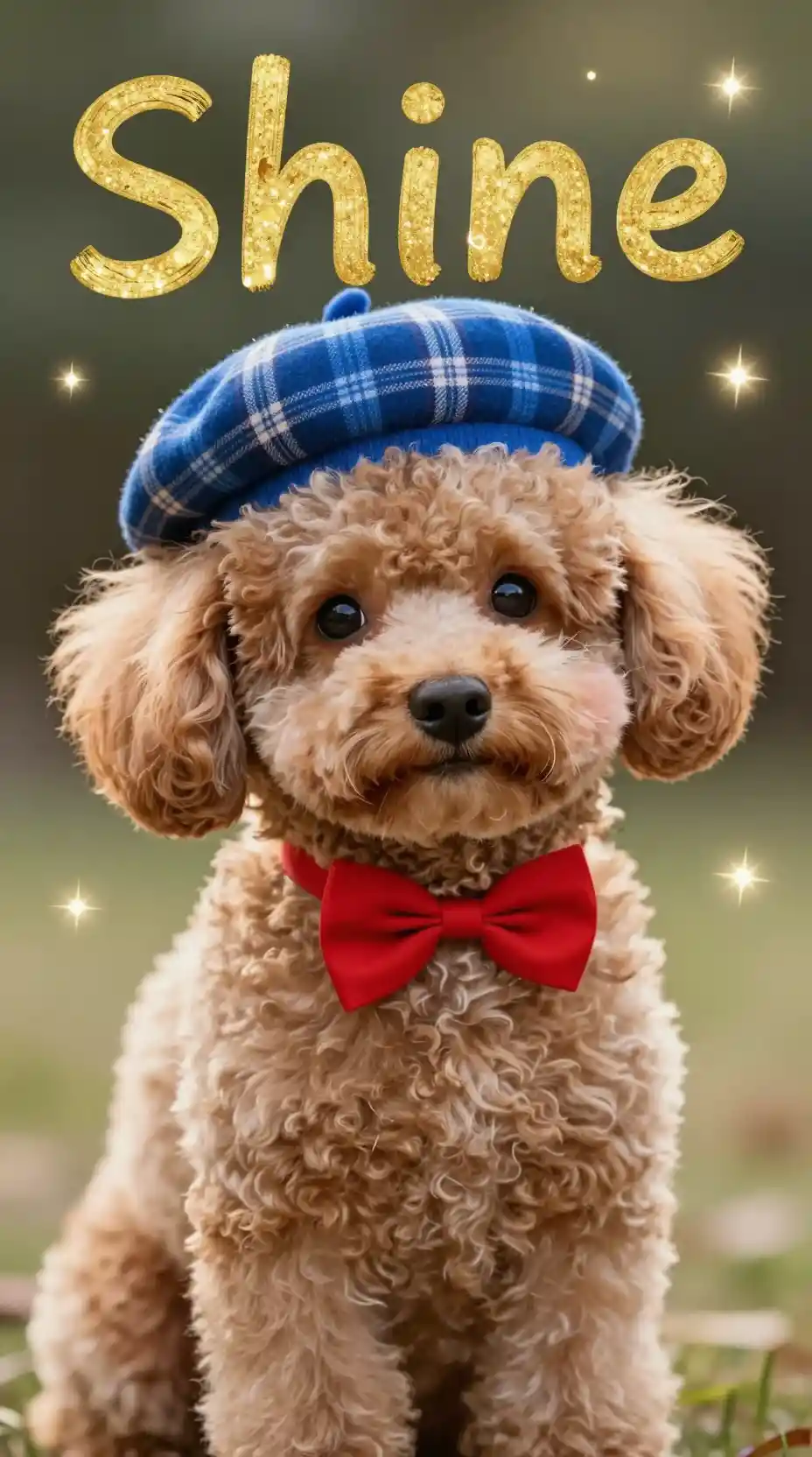 Whimsical poodle puppy in blue beret with red bow tie